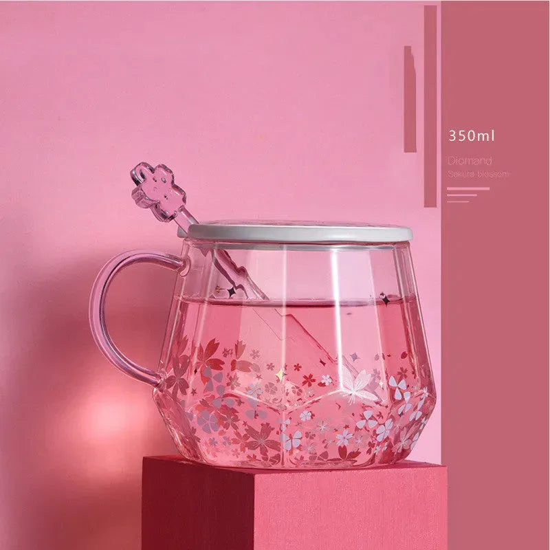 Glass Water Cup With Diamond Cherry Blossom Pattern Lovely Girl - Bellarte Enchanté Glass Water Cup With Diamond Cherry Blossom Pattern Lovely Girl